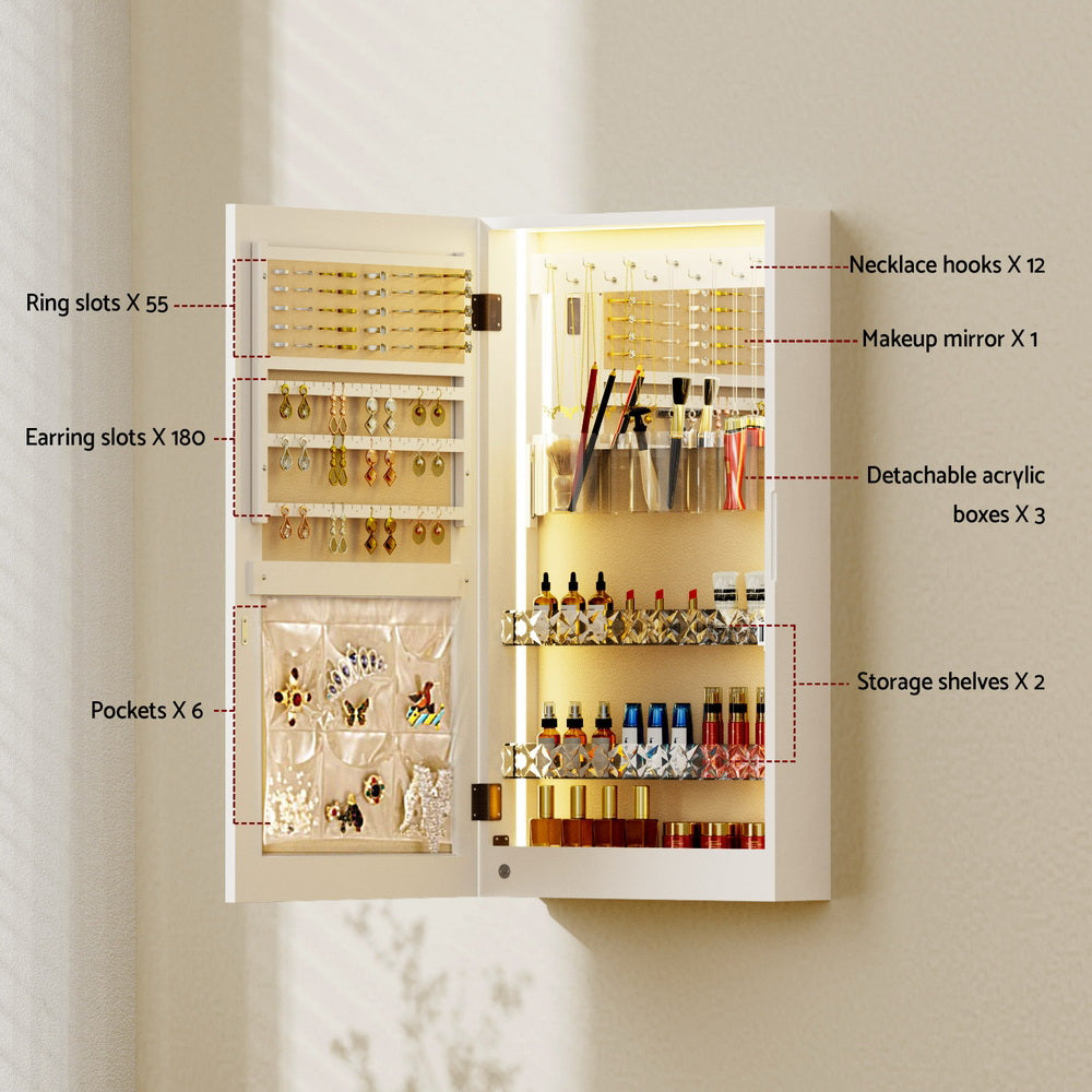 Artiss Wall-Mount Jewellery Cabinet Mirror LED White/Black