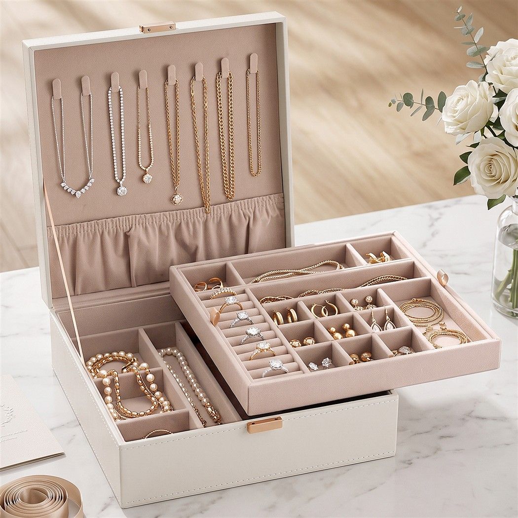 Embellir Jewellery Box 2 Layer Storage Organiser Leather Display White
