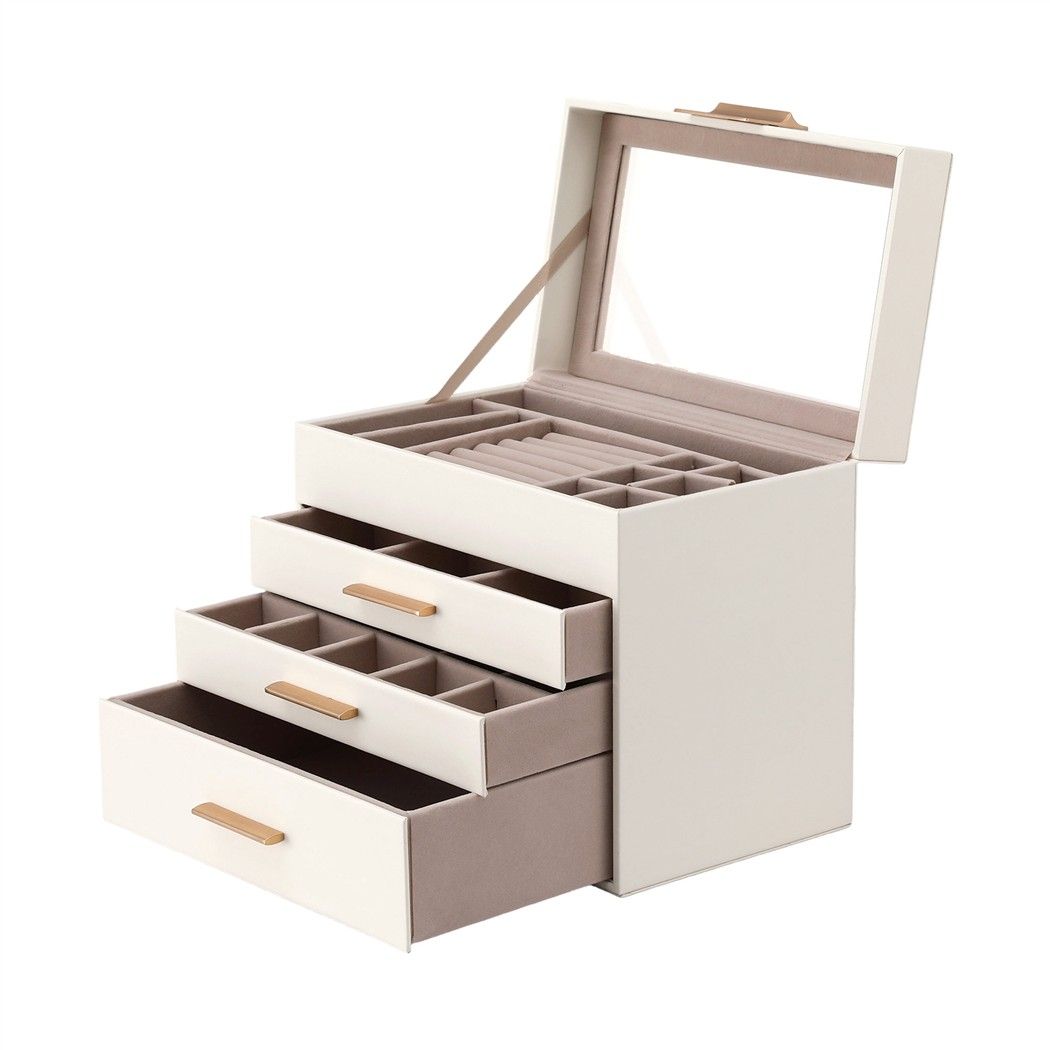 Embellir Jewellery Box 4 Layer Organiser Storage Case Glass Lid Drawers White