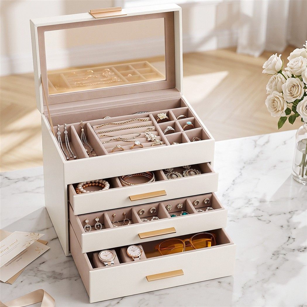 Embellir Jewellery Box 4 Layer Organiser Storage Case Glass Lid Drawers White
