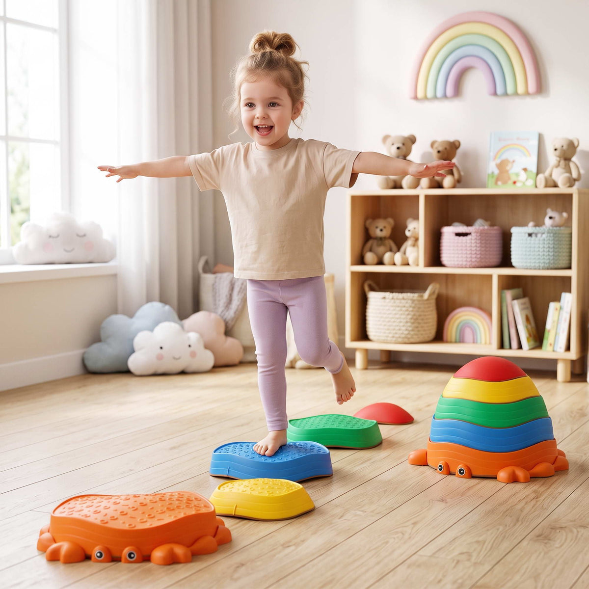 Keezi Kids Stepping Stones Balance Set 5 Piece Crab Storage Base