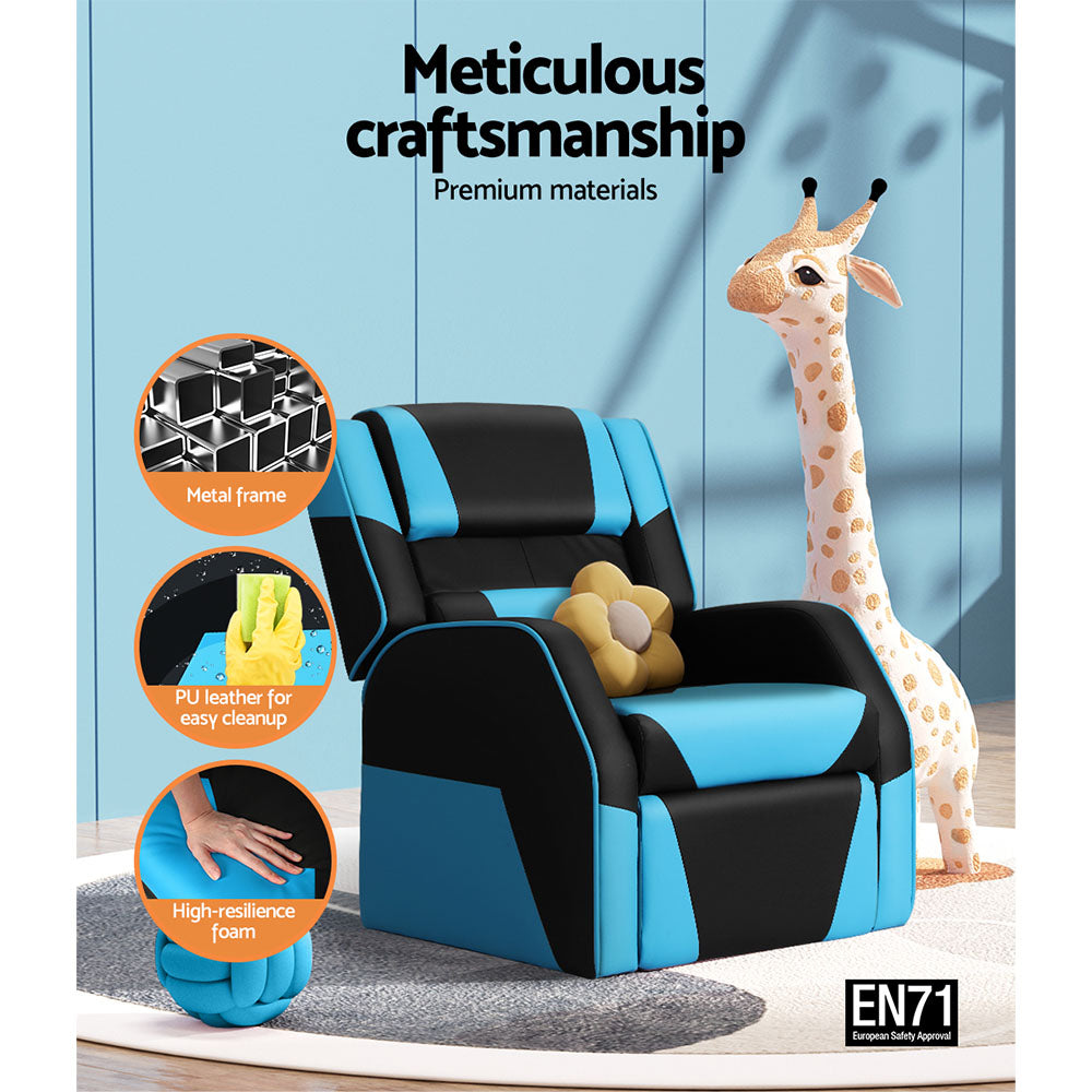 Keezi Kids Recliner Chair PU Leather Gaming Sofa Black Blue