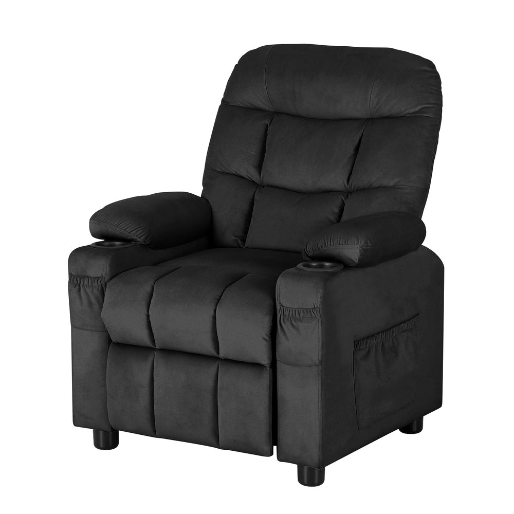 Keezi Kids Recliner Chair Black Velvet Lounge with Cup Holders