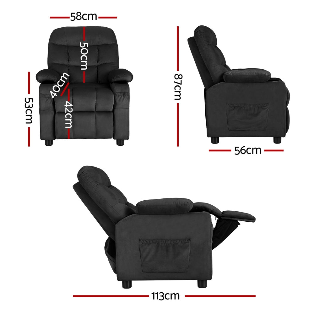 Keezi Kids Recliner Chair Black Velvet Lounge with Cup Holders