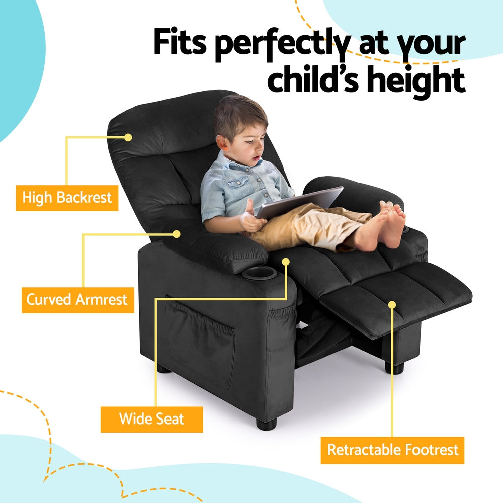 Keezi Kids Recliner Chair Black Velvet Lounge with Cup Holders