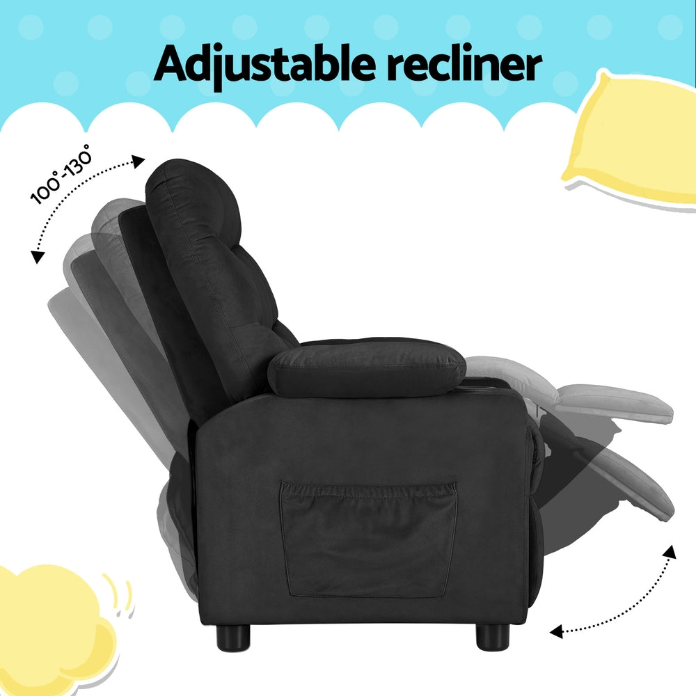 Keezi Kids Recliner Chair Black Velvet Lounge with Cup Holders