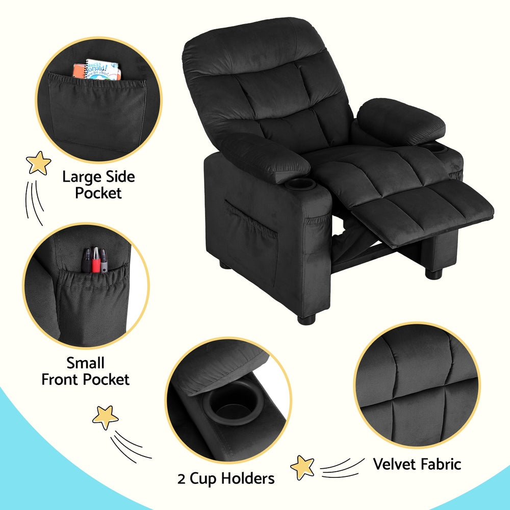 Keezi Kids Recliner Chair Black Velvet Lounge with Cup Holders