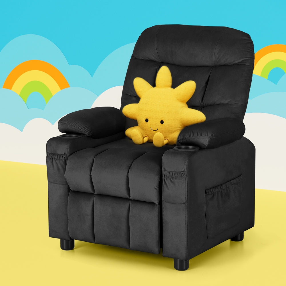 Keezi Kids Recliner Chair Black Velvet Lounge with Cup Holders