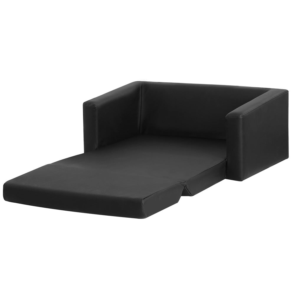 Keezi Kids 2-Seater Fold-Out Sofa Bed PU Leather Black