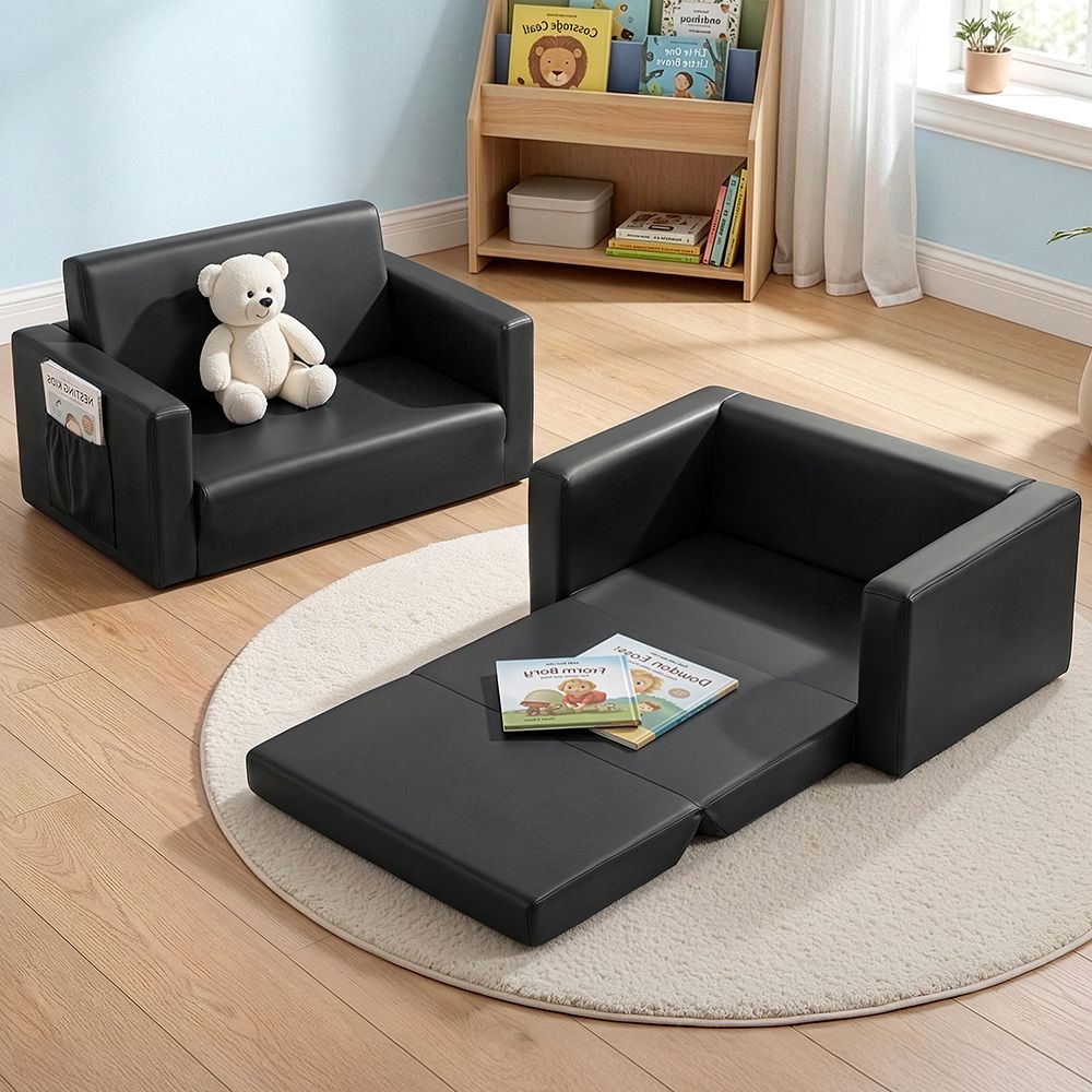 Keezi Kids Sofa Bed 2 Seater PU Leather Black