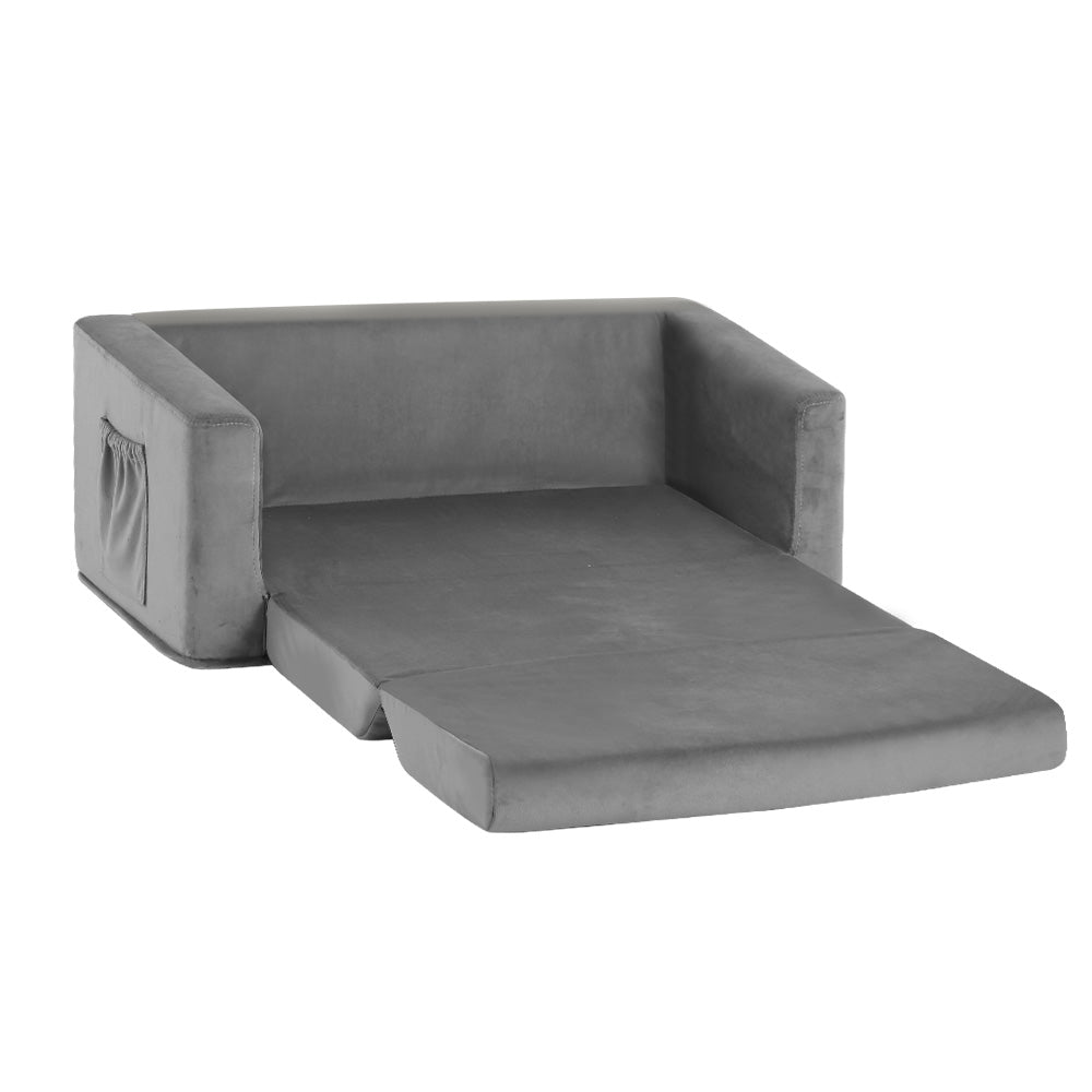 Keezi Kids 2-Seater Fold-Out Sofa Bed Velvet Armchair Grey