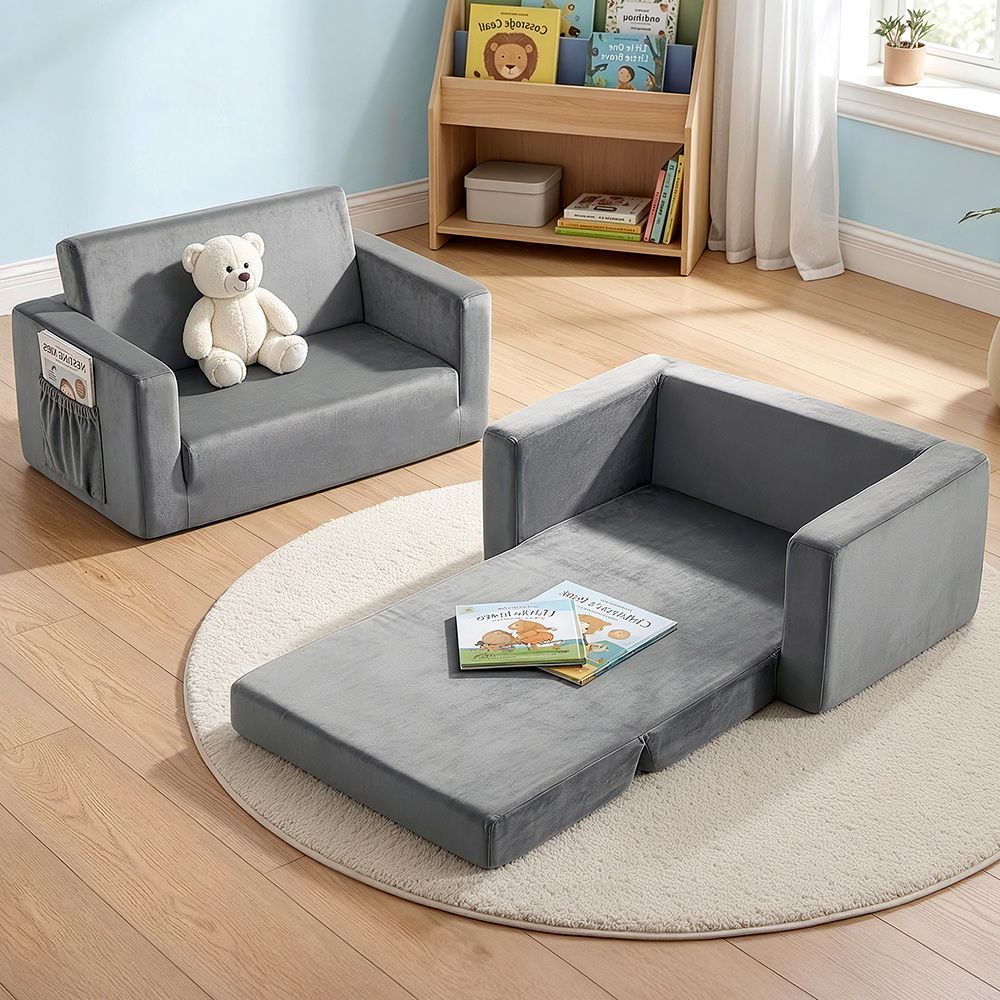 Keezi Kids 2 Seater Flip Open Sofa Bed Velour Grey