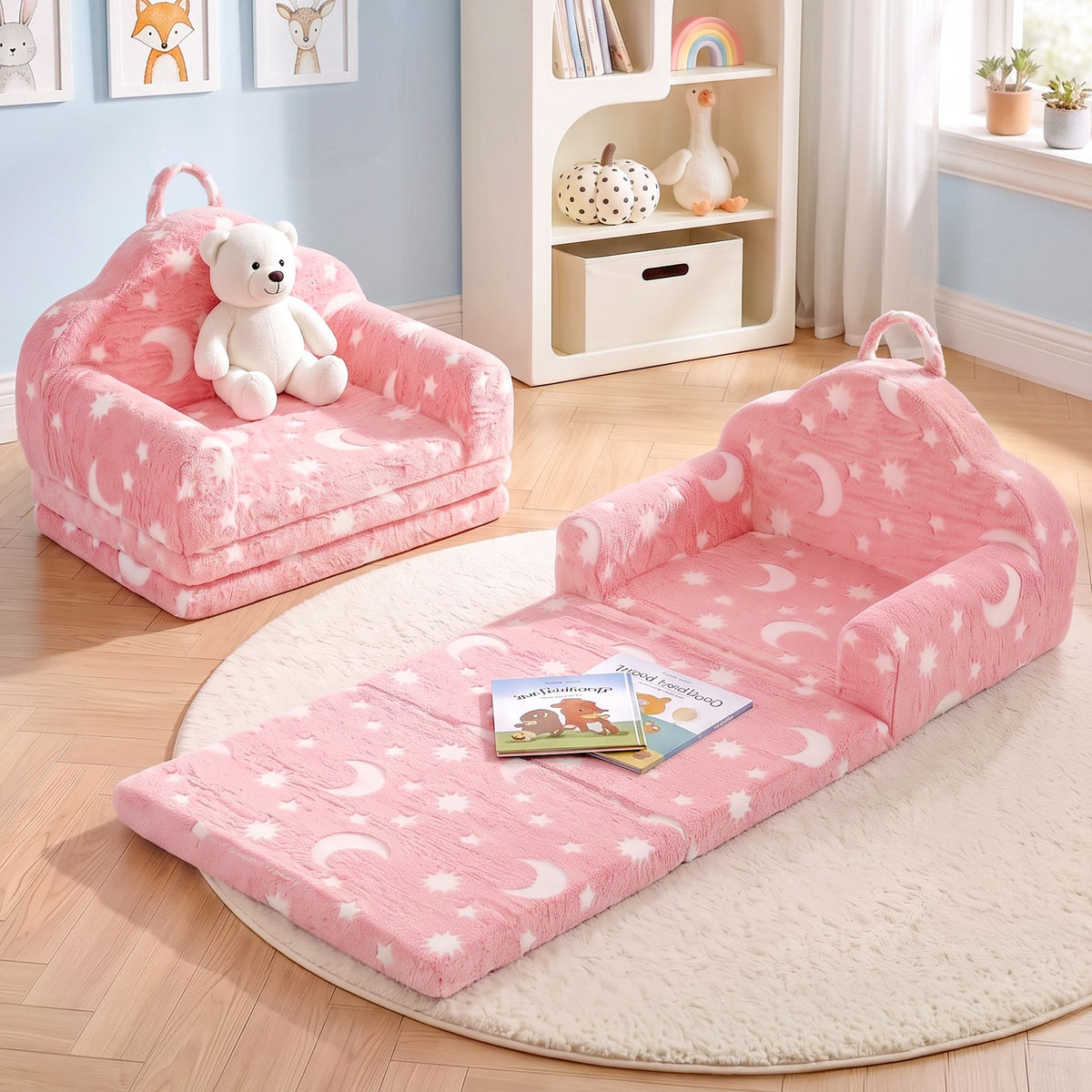 Keezi Kids 2-in-1 Fold Out Glow in the Dark Sofa Bed, Pink