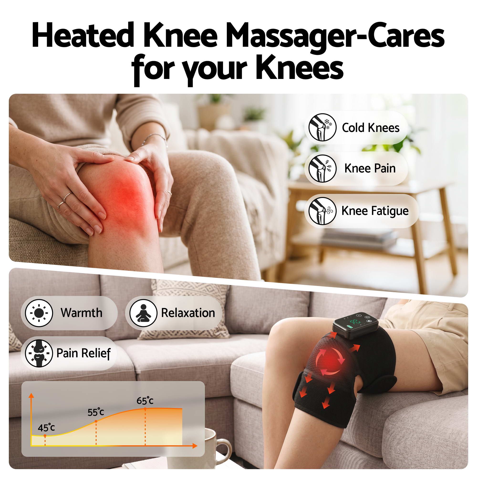 Livemor Knee Massager with Heat 2 Pack , Cordless Heated Knee Massage for Pain Relief with 3 Heating Levels, 3 Vibration Modes, Gentle Lights, Adjustable Straps, 3-in-1, Gift for Men and Women