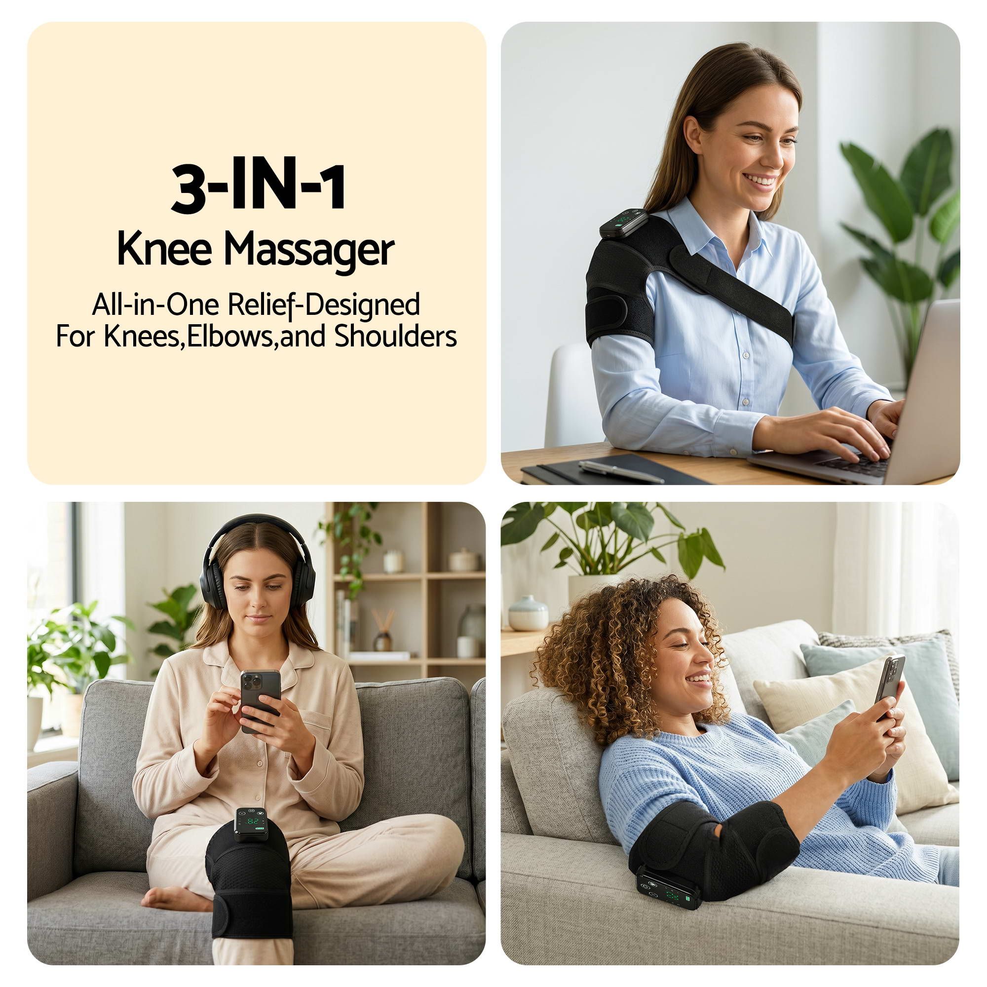 Livemor Knee Massager with Heat 2 Pack , Cordless Heated Knee Massage for Pain Relief with 3 Heating Levels, 3 Vibration Modes, Gentle Lights, Adjustable Straps, 3-in-1, Gift for Men and Women