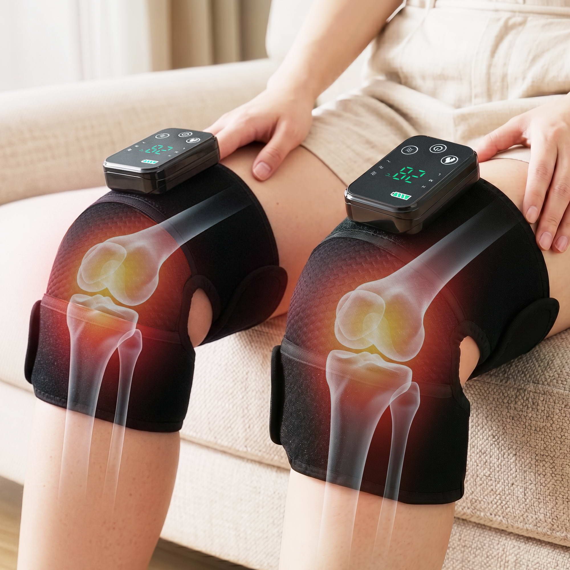 Livemor Knee Massager with Heat 2 Pack , Cordless Heated Knee Massage for Pain Relief with 3 Heating Levels, 3 Vibration Modes, Gentle Lights, Adjustable Straps, 3-in-1, Gift for Men and Women