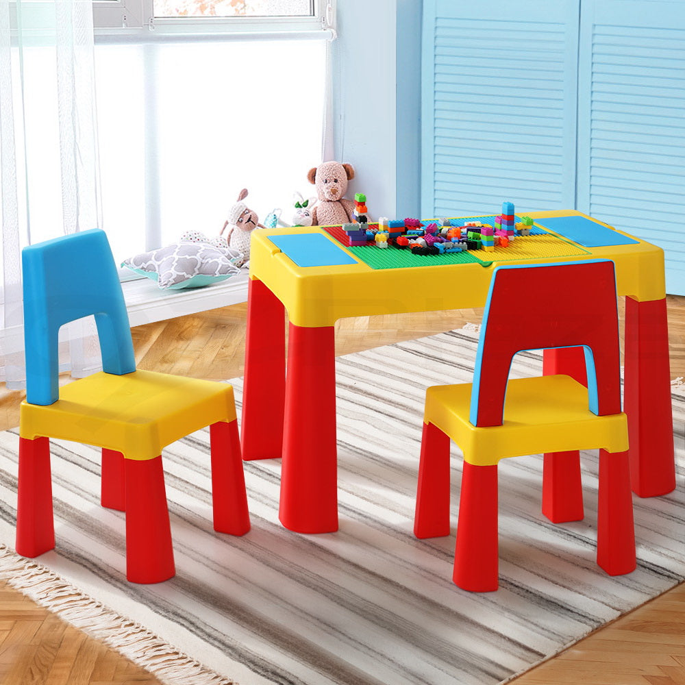 Keezi 3PCS Kids Activity Table and Chairs Set Multicoloured Storage Blocks