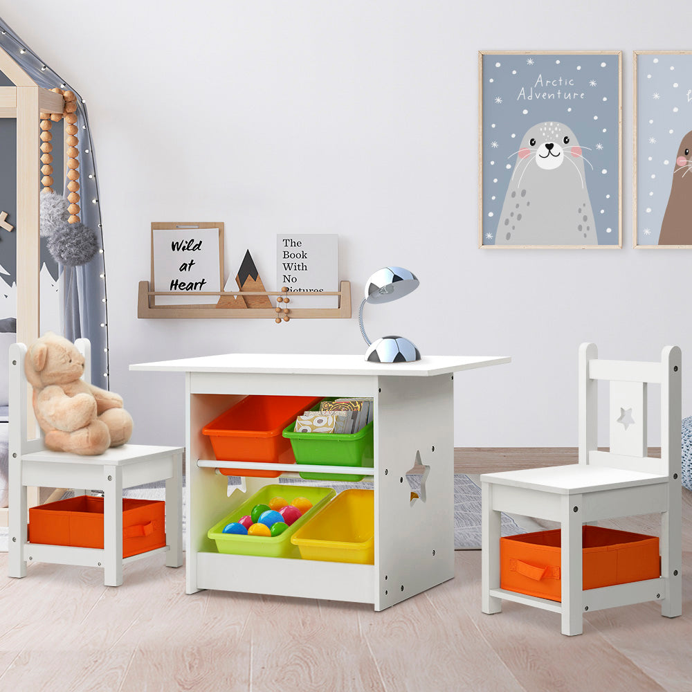 Keezi Kids 3-Piece Table and Chairs Set with Storage Boxes White