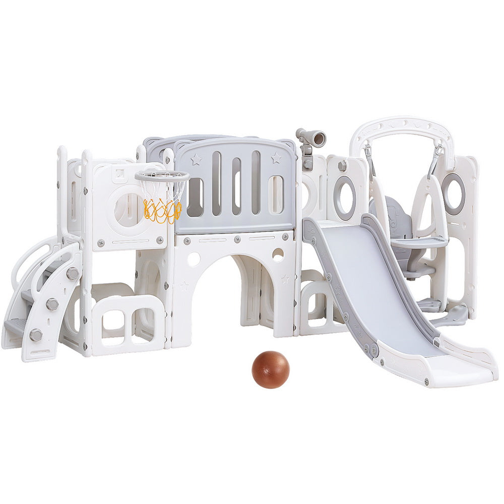 Keezi 132cm Kids Slide Swing Set Basketball Hoop Grey