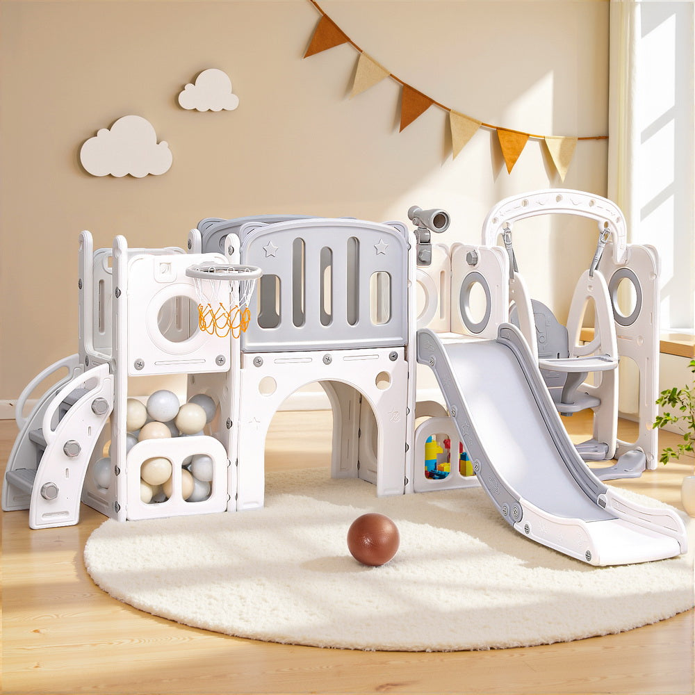 Keezi 132cm Kids Slide Swing Set Basketball Hoop Grey