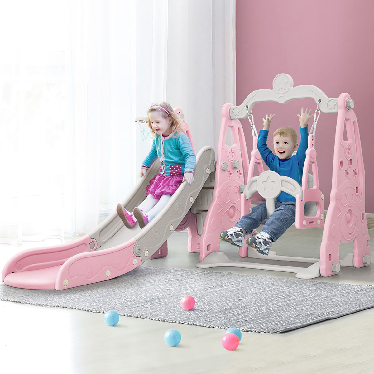 Keezi Kids Swing and Slide Set with Basketball Hoop 170cm Pink