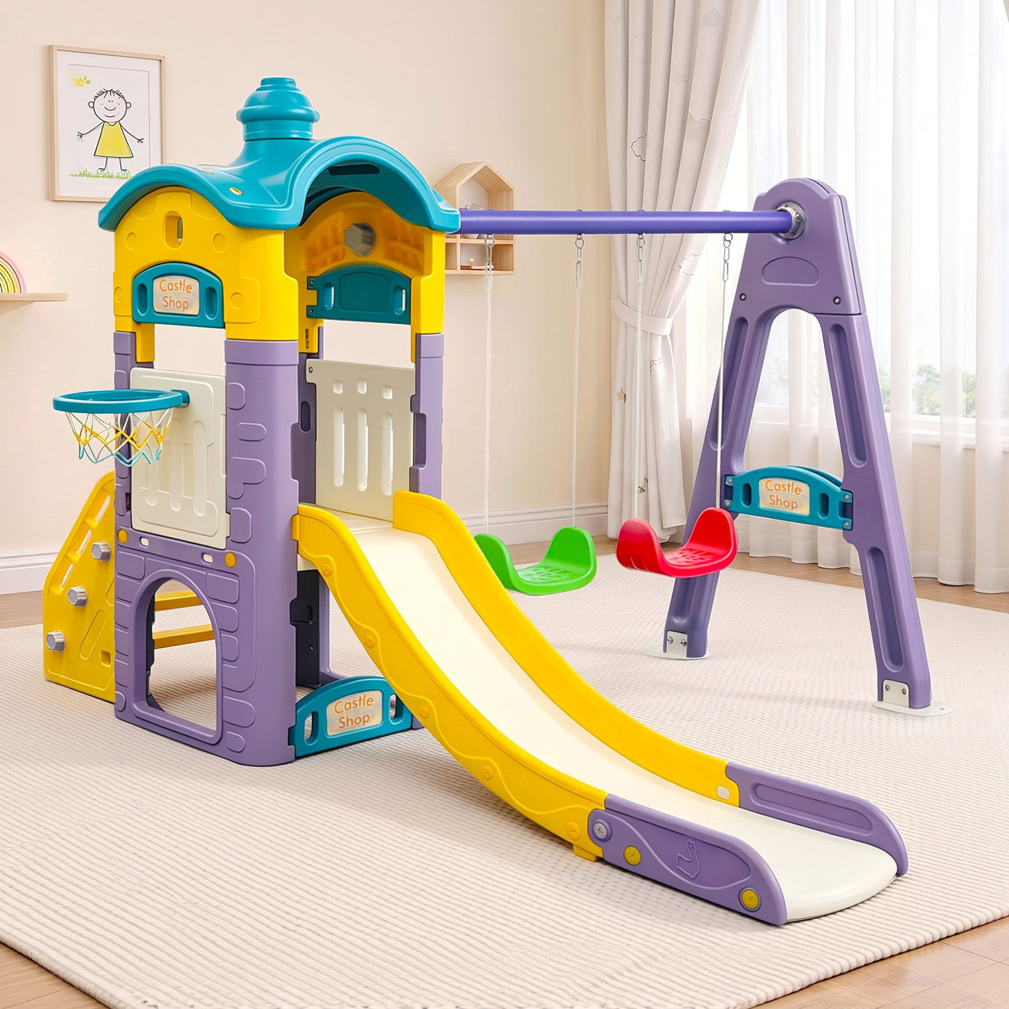Keezi Kids 4-in-1 Slide Swing Set Double Swing Basketball Hoop Playhouse