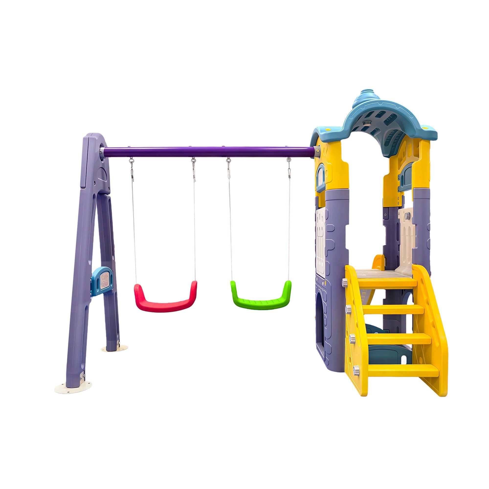 Keezi Kids 4-in-1 Slide Swing Set Double Swing Basketball Hoop Playhouse