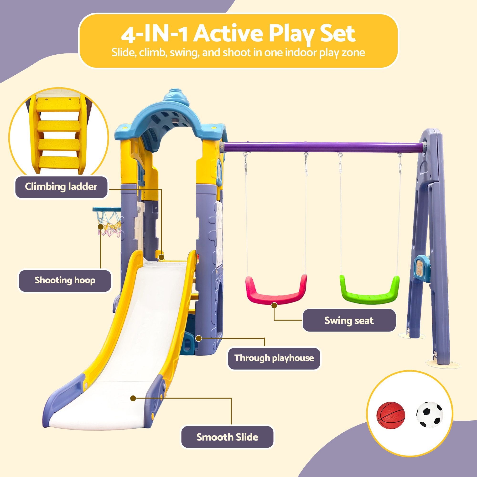 Keezi Kids 4-in-1 Slide Swing Set Double Swing Basketball Hoop Playhouse