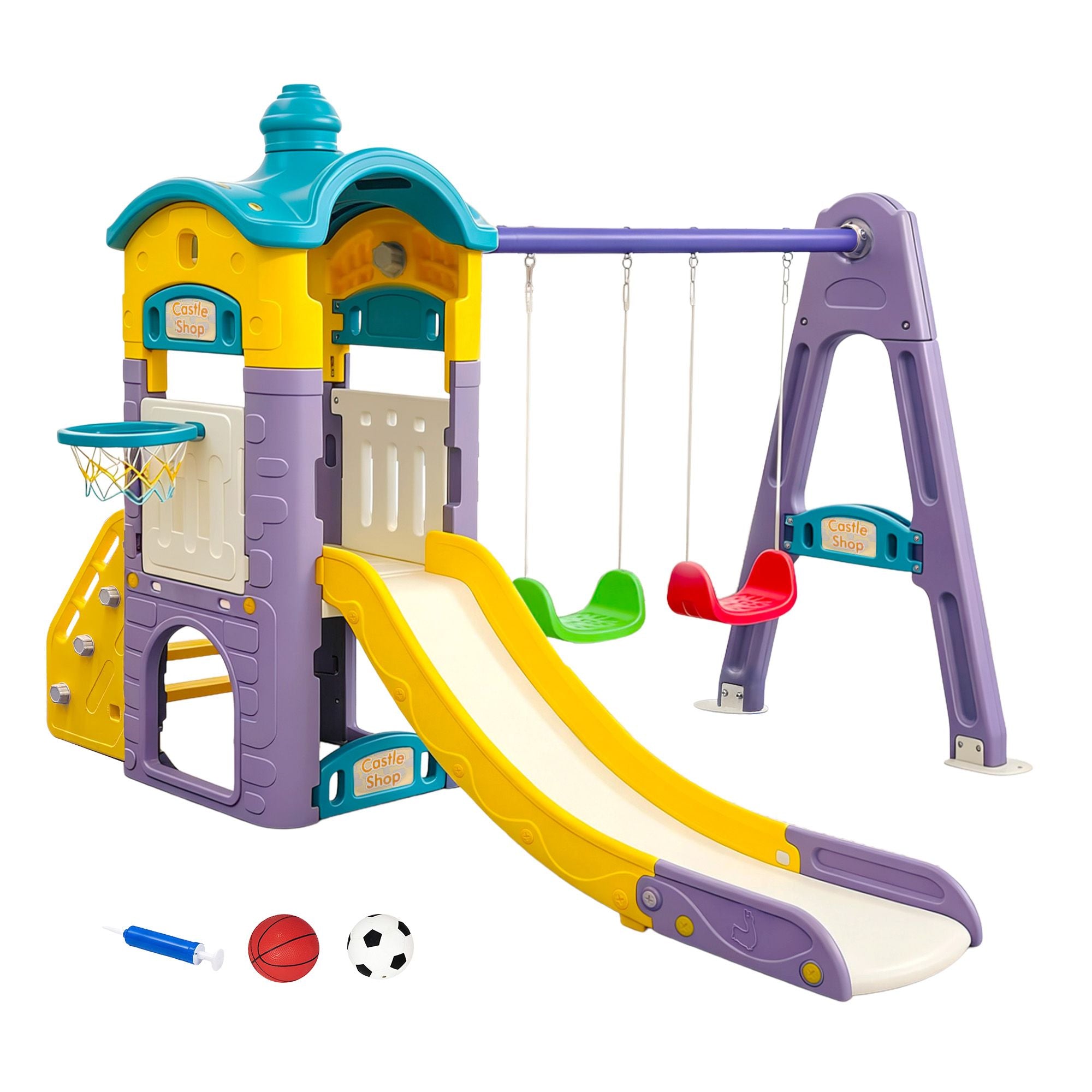 Keezi Kids 4-in-1 Slide Swing Set Double Swing Basketball Hoop Playhouse