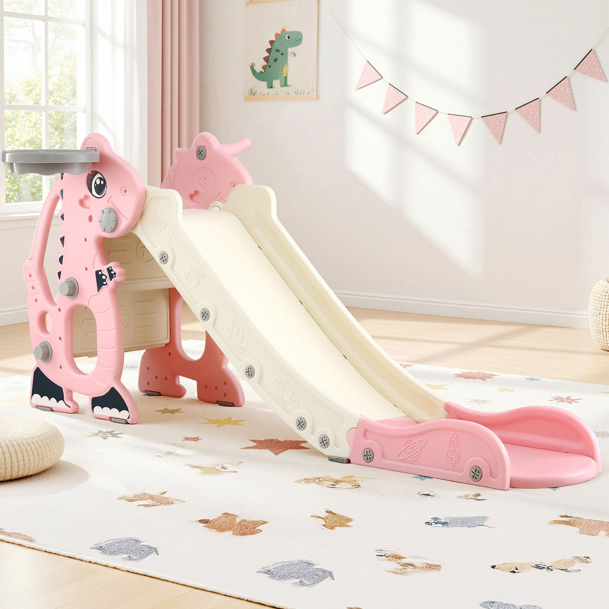 Keezi Kids Slide Set with Basketball Hoop 125cm Pink