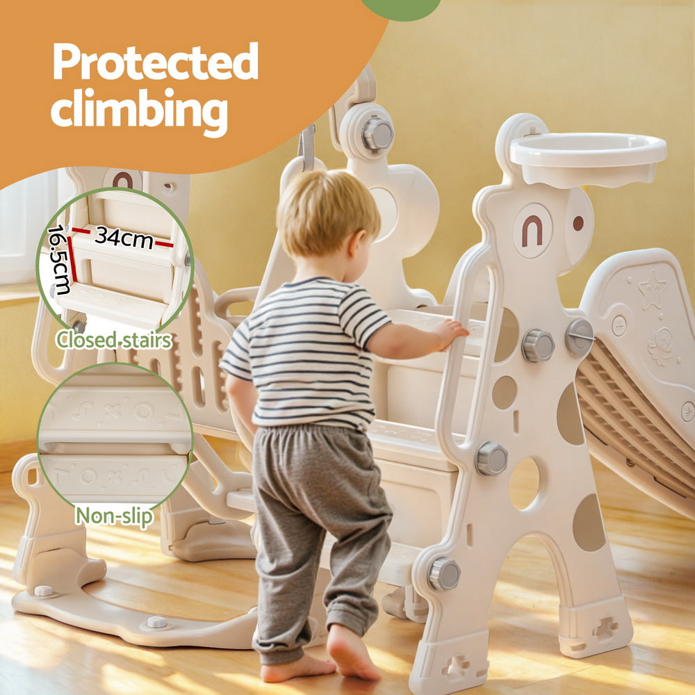 Keezi 160cm Kids Slide Swing Set Basketball Hoop Beige
