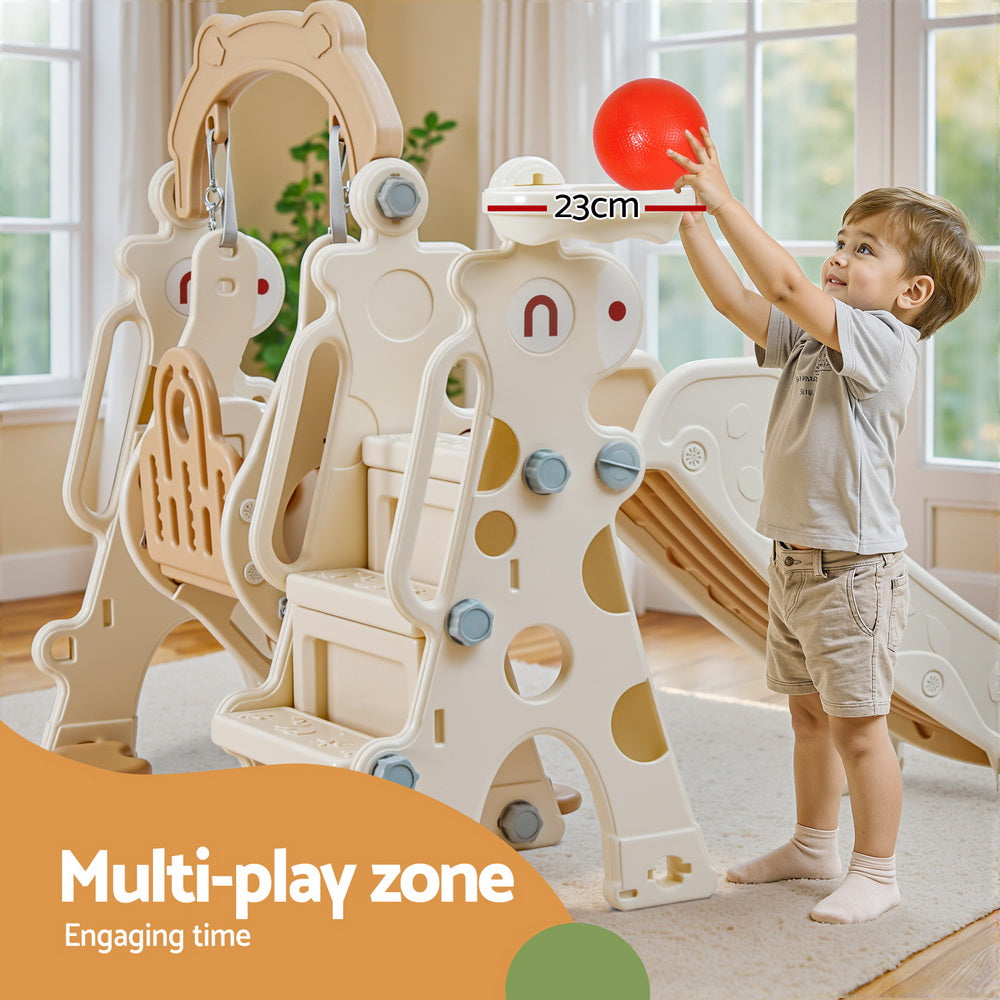 Keezi 160cm Kids Slide Swing Set Basketball Hoop Beige