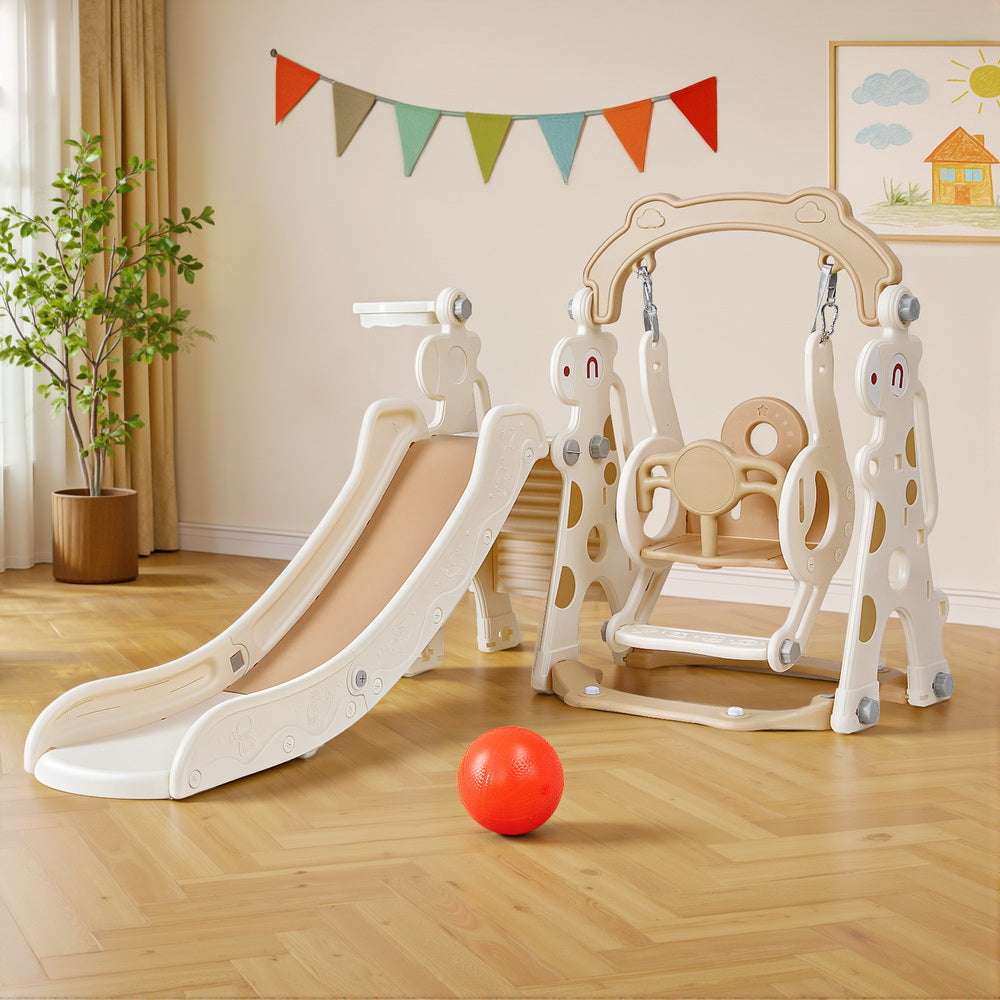 Keezi 160cm Kids Slide Swing Set Basketball Hoop Beige