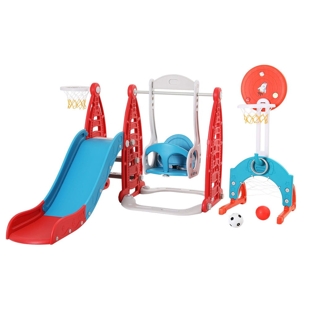Keezi Kids 6-in-1 Slide and Swing Set with Basketball Hoops Red