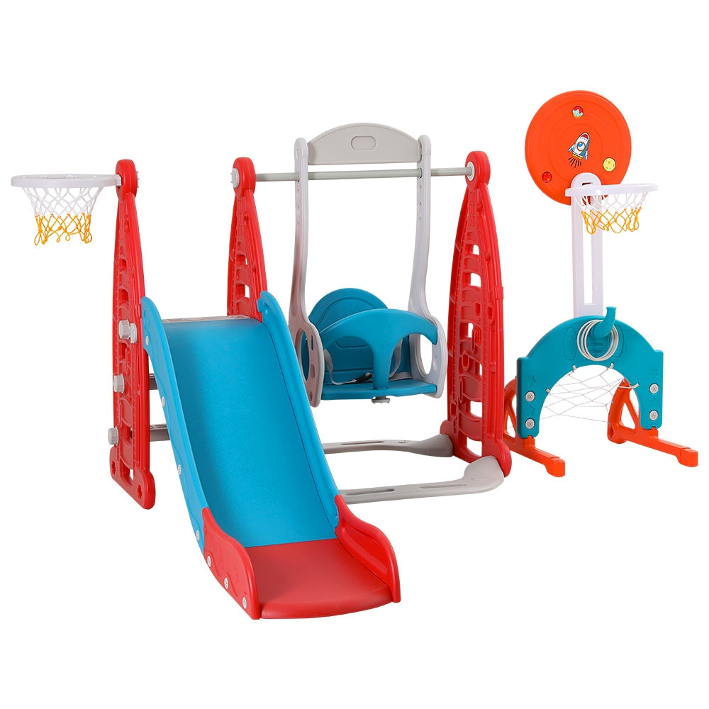 Keezi 140cm Kids Slide Swing Set Basketball Hoop Rings Football Red