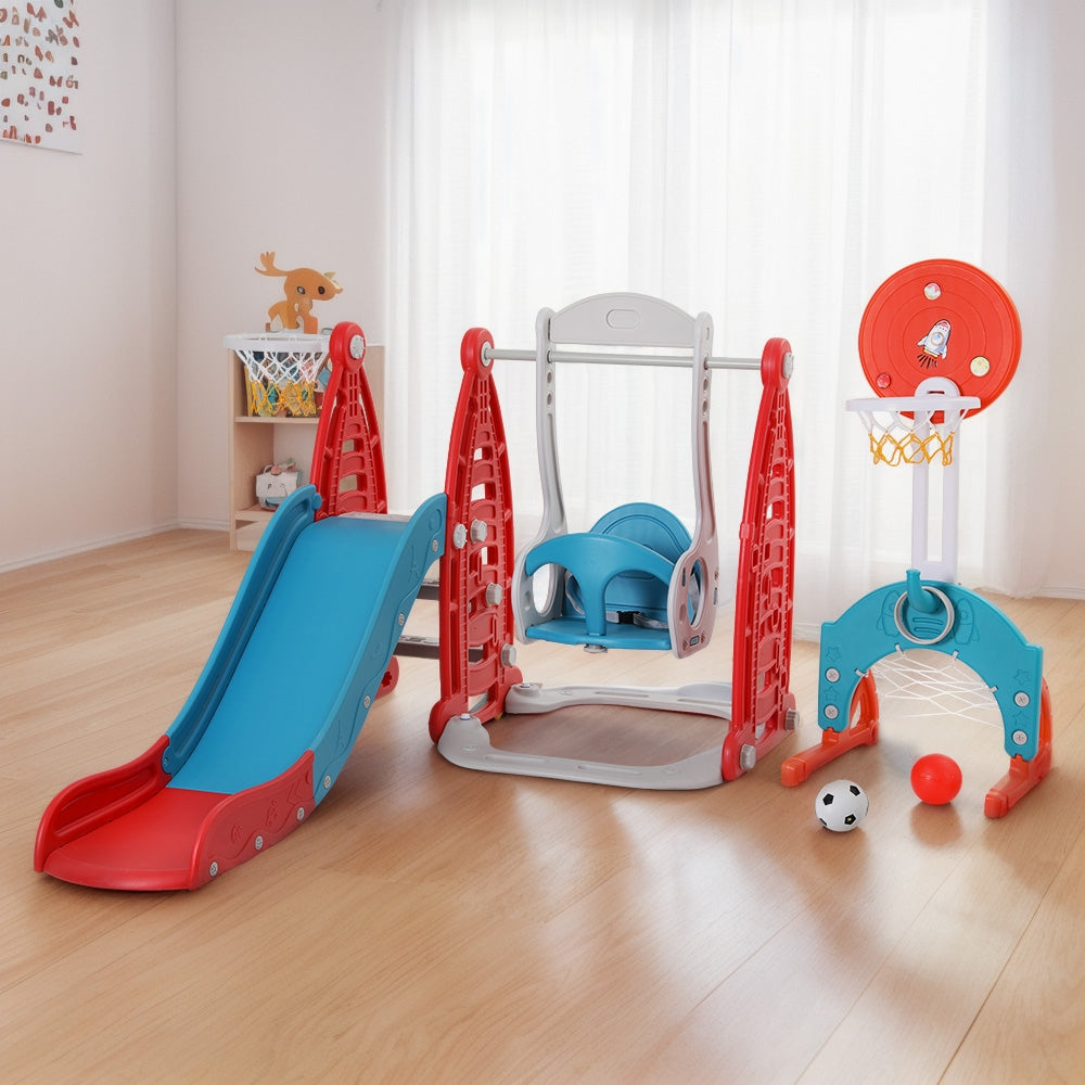 Keezi 140cm Kids Slide Swing Set Basketball Hoop Rings Football Red