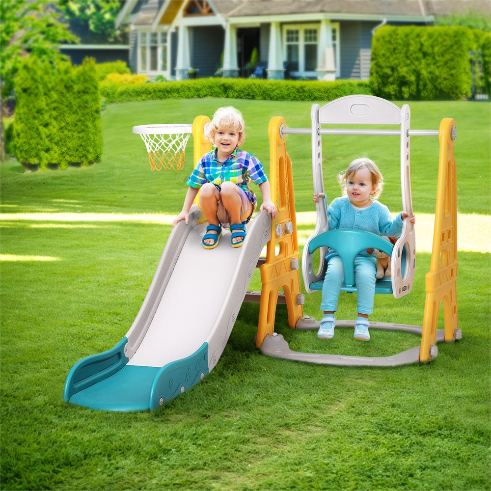 Keezi 140cm Kids Slide Swing Set Basketball Outdoor Toys Adjustable Green