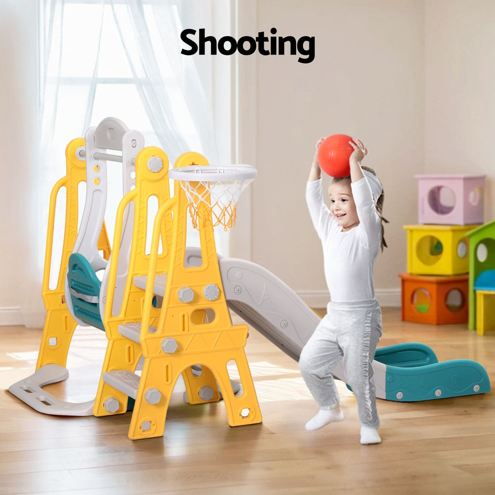 Keezi 140cm Kids Slide Swing Set Basketball Outdoor Toys Adjustable Green