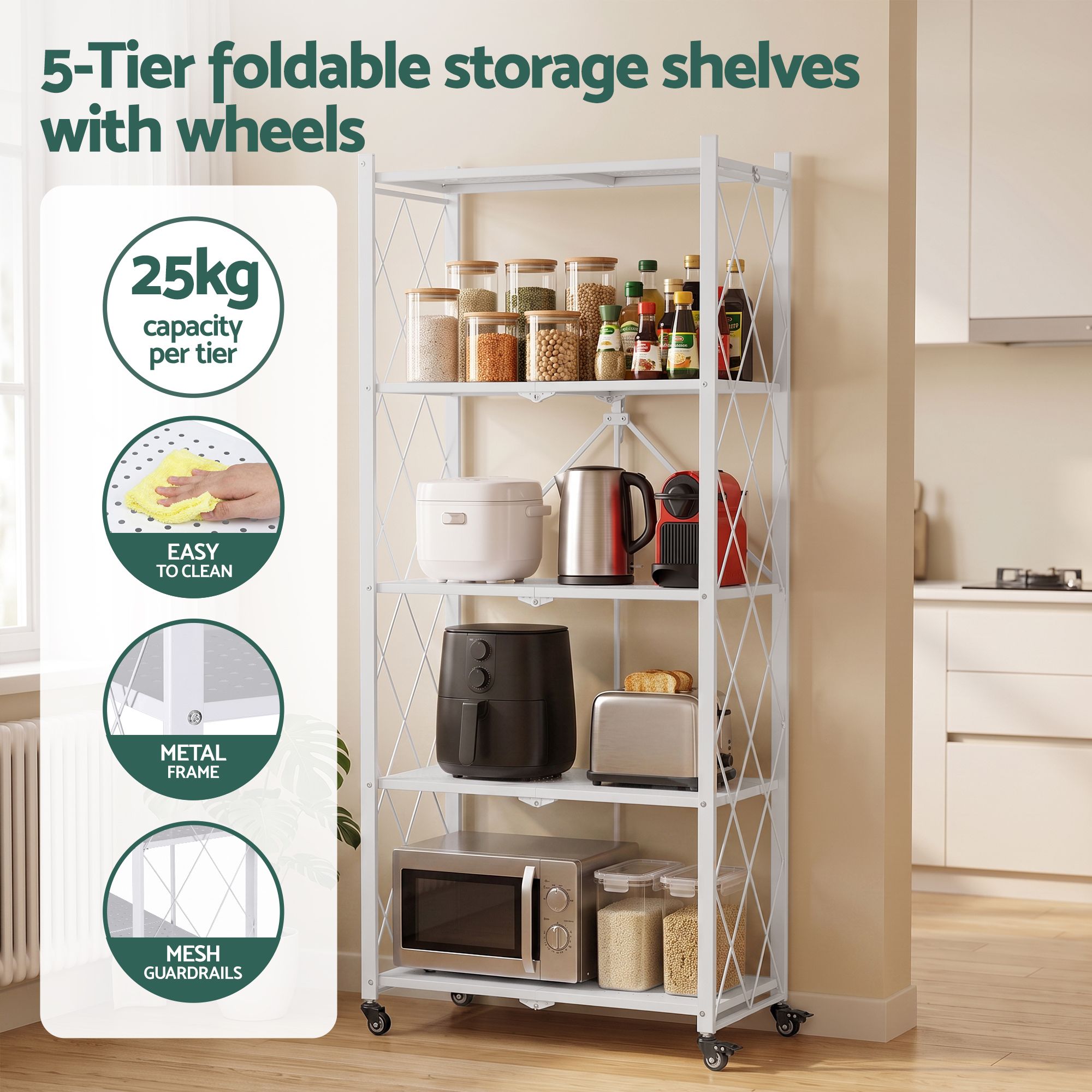 Artiss 5-Tier Foldable Kitchen Bakers Rack 71x160cm Microwave Stand White