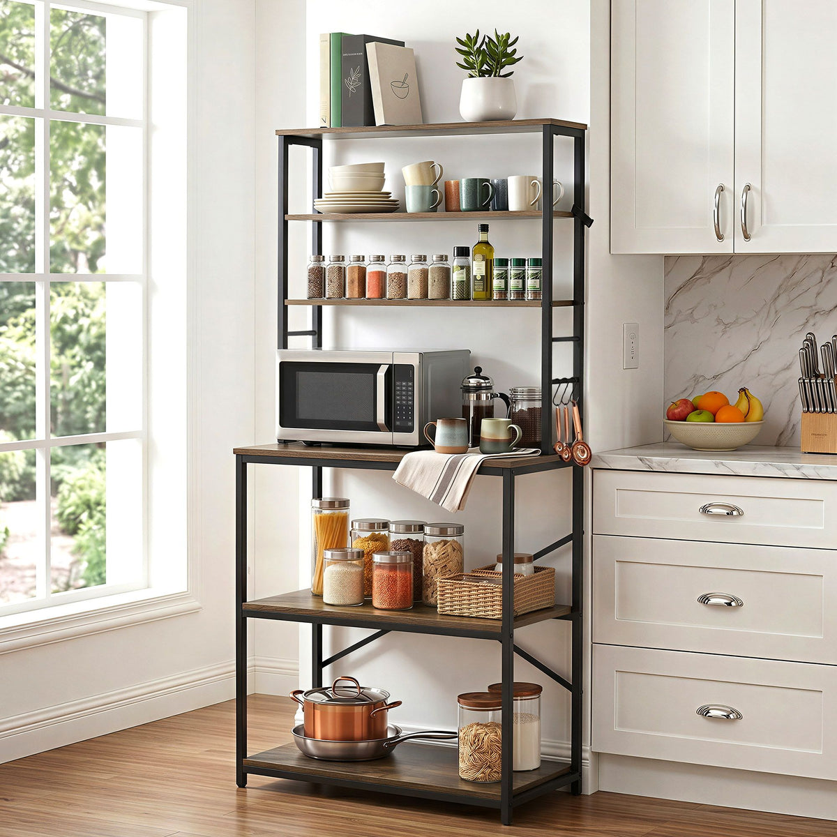 Artiss 6-Tier Kitchen Rack with 6 Hooks Microwave Shelf