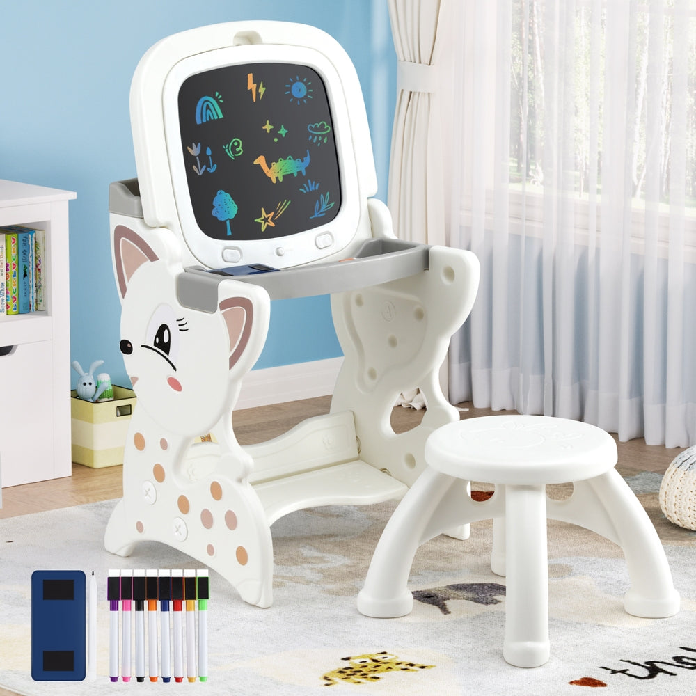 Keezi Kids Easel Desk & Stool Set Beige Grey LCD Writing Tablet