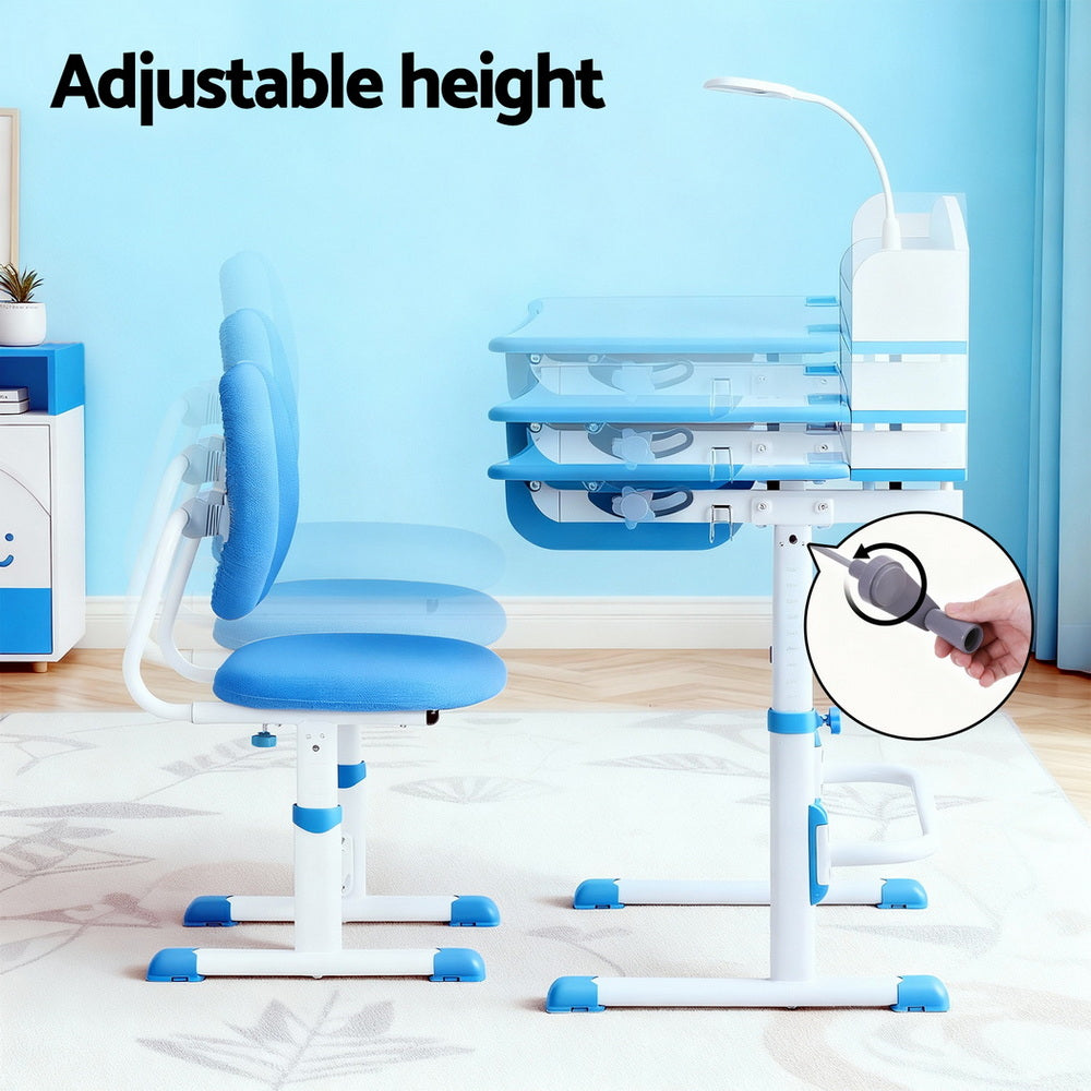 Keezi Kids Study Desk Chair Set Adjustable Ergonomic Table LED Lamp Blue