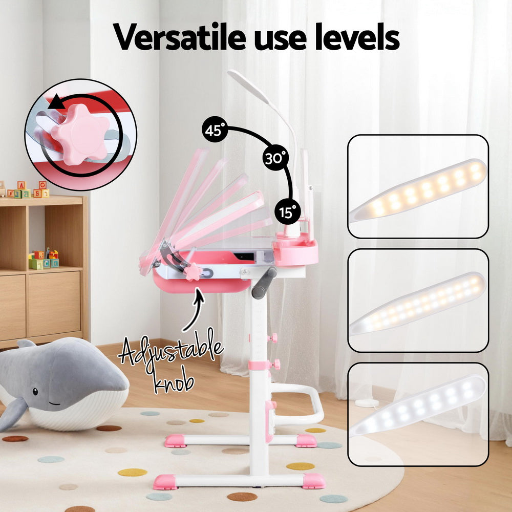 Keezi Kids Adjustable Study Desk and Chair Set LED Lamp Pink