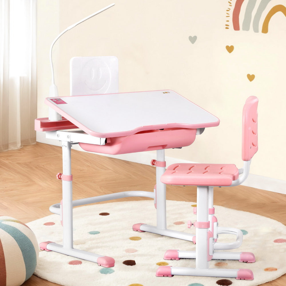 Keezi Kids Adjustable Study Desk and Chair Set LED Lamp Pink