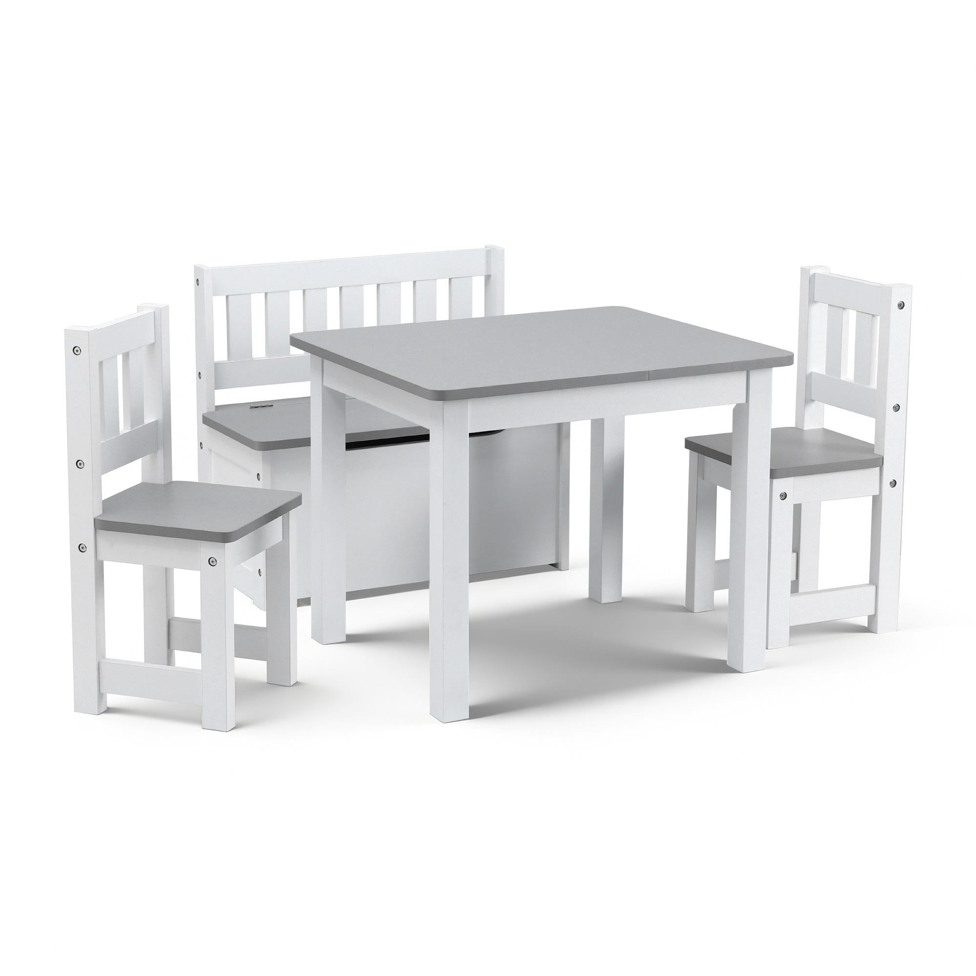 Keezi 2 in 1 Kids Table and Chair Set, Activity Table with Storage Bench and 2 Chairs for Reading, Drawing, Writing, Snack Time & Arts Crafts, 4 PCS Toddler Table and Chair Set, Grey