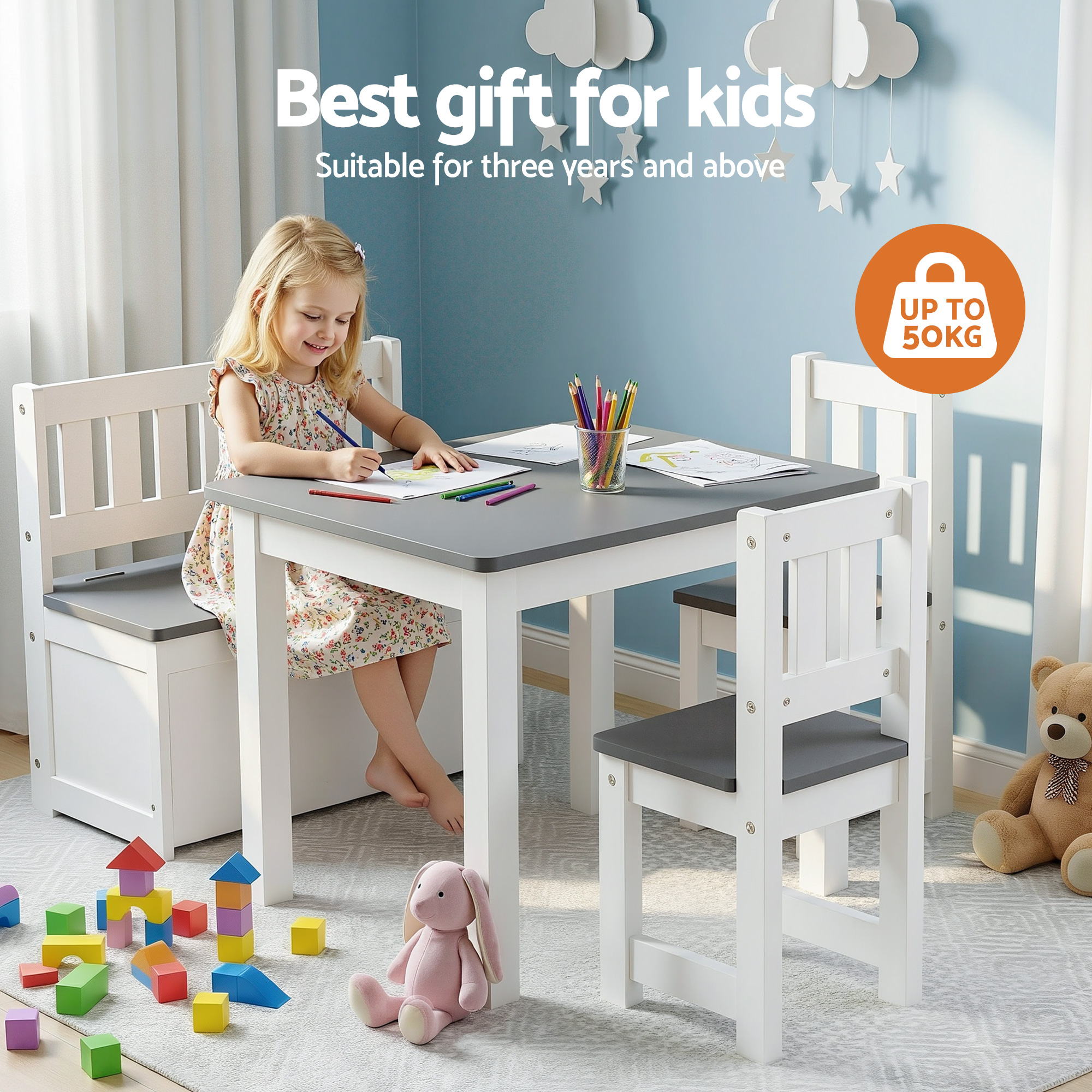 Keezi 2 in 1 Kids Table and Chair Set, Activity Table with Storage Bench and 2 Chairs for Reading, Drawing, Writing, Snack Time & Arts Crafts, 4 PCS Toddler Table and Chair Set, Grey
