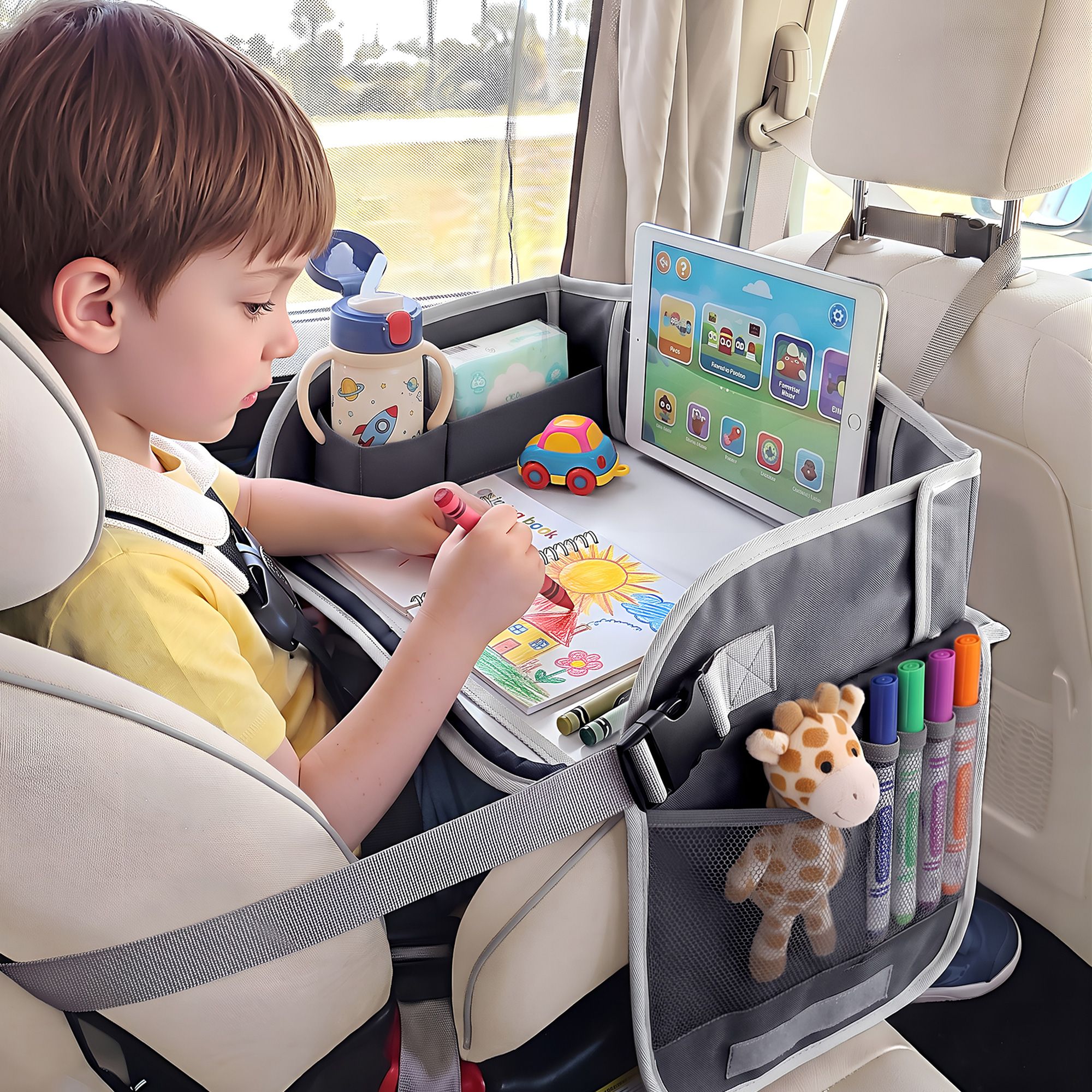 Keezi Kids Travel Tray Car Seat Lap Desk Portable Car Desk Organiser for Car & Airplane Grey