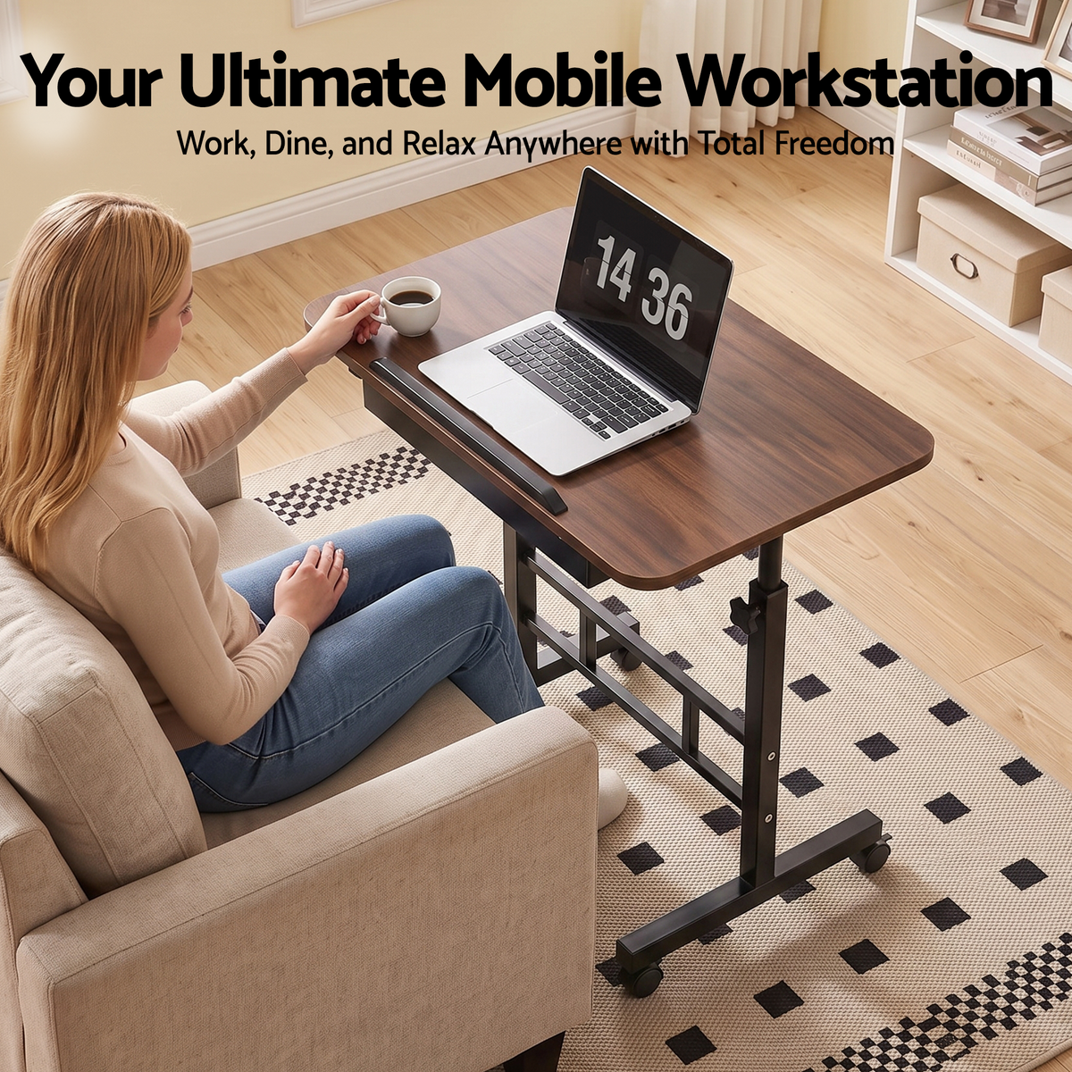 Artiss Adjustable Laptop Desk Mobile Bedside Table Hidden Storage Walnut