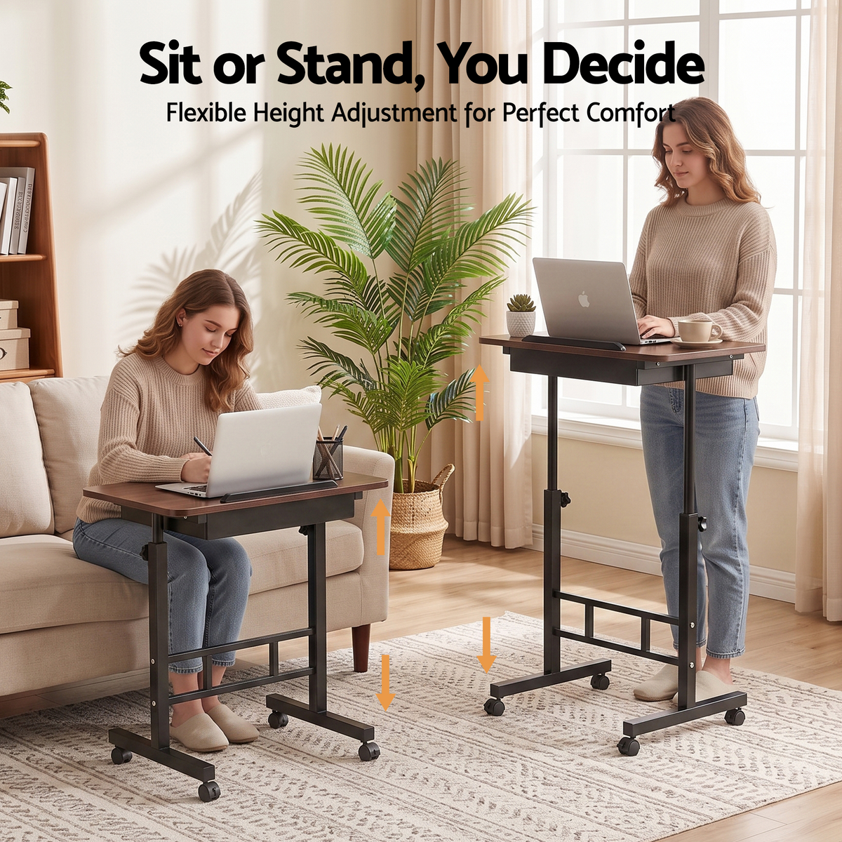 Artiss Adjustable Laptop Desk Mobile Bedside Table Hidden Storage Walnut