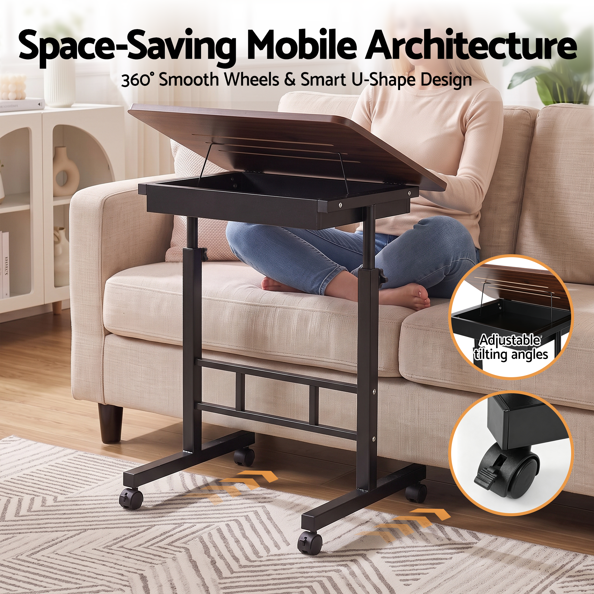 Artiss Adjustable Laptop Desk Mobile Bedside Table Hidden Storage Walnut